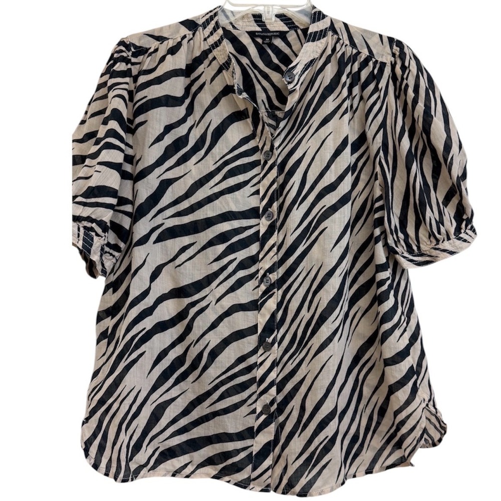 Banana Republic Zebra Print Ramie Puff Sleeve Button Front Blouse Tan Black M